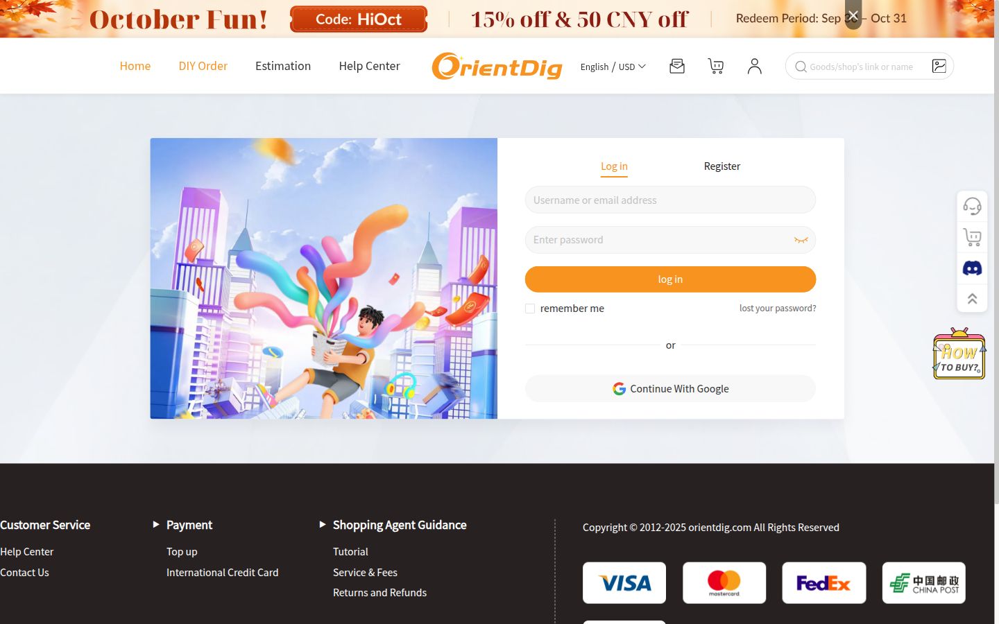 OrientDig DIY Order öffnete die Login-Wand: Log in, Register, Continue With Google